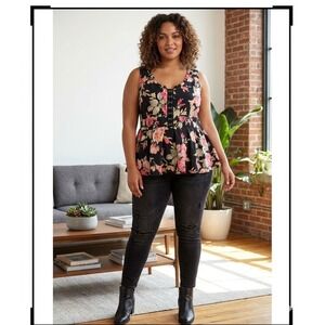 Torrid Plus Size 00 (M/L) Black Floral Babydoll Challis Corset Top Sleeveless